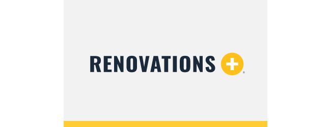 RenovationsPlus logo placed on top of a light grey rectangle with an HD Supply yellow bottom border